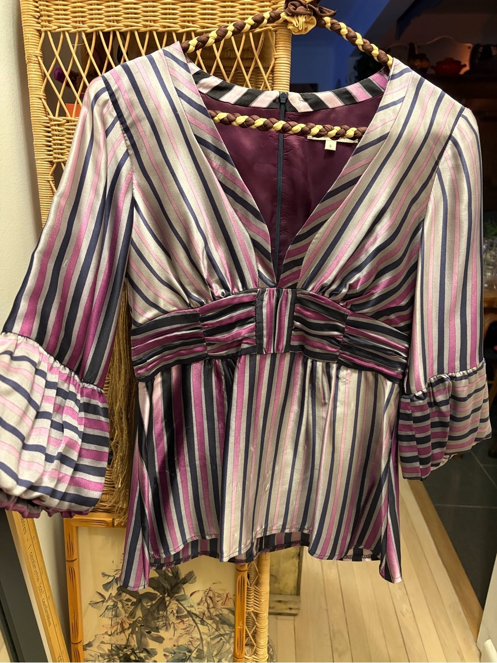 Nanette Lepore V-Neck Peplum Top in Plum, Grey and Navy 💯 Silk Size Small